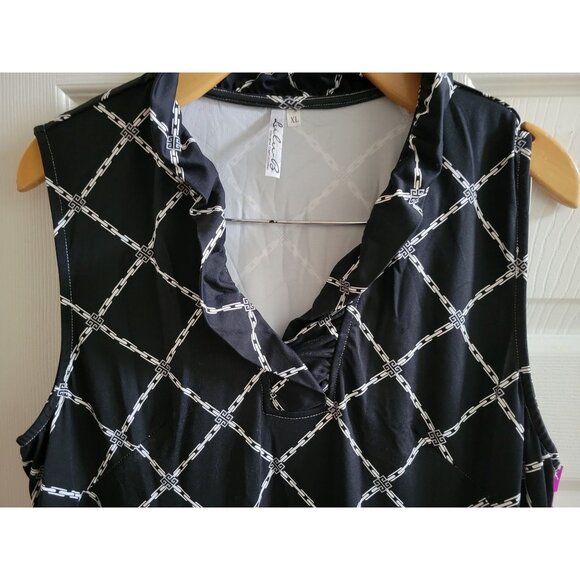 Lulu B Black White chain Print Maxi Dress Ruffled neck size XL UPF 50 Resort - Picture 3 of 10